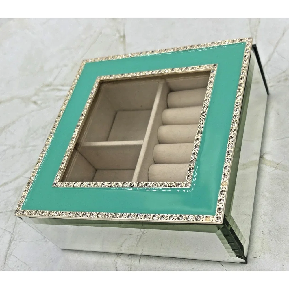 Nicole Miller Hollywood Regency Style Mirrored Trinket Box Seafoam Enamel EUC‎